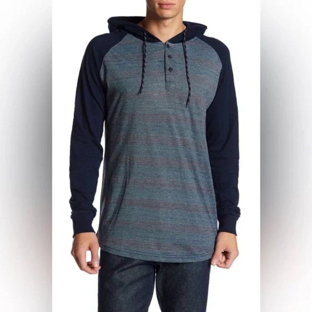 BURNSIDE New Striped Henley Hoodie Pullover Navy Cotton Blend Mens XXL
